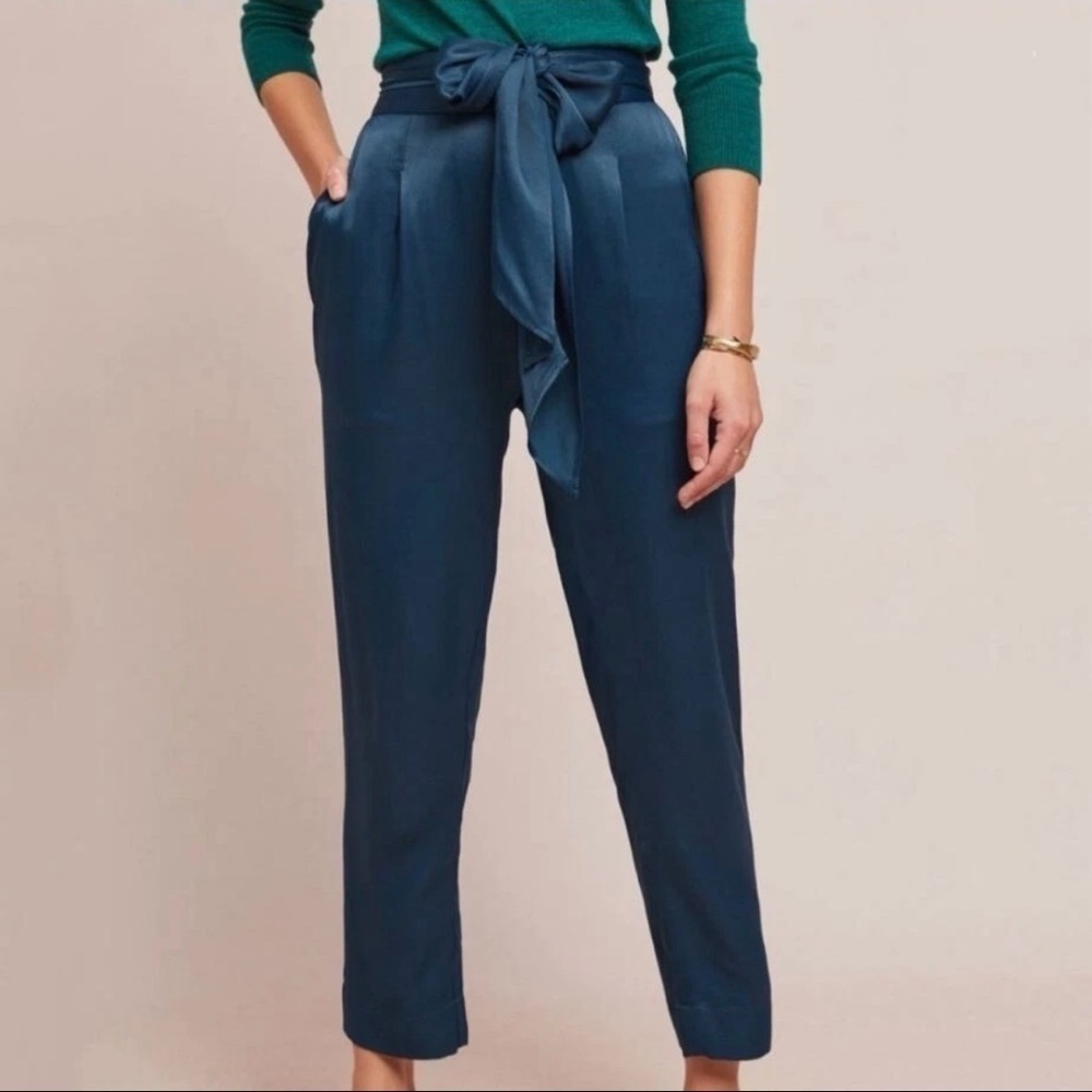 NEW Anthropologie Ett Twa Crop Pants Womens 14 Turquoise Satin Tie Waist